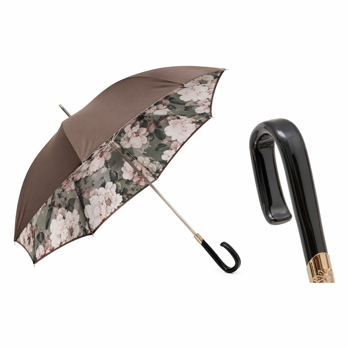 brown-floral-double-cloth-umbrella-with-glossy-black-handle-made-in-italy