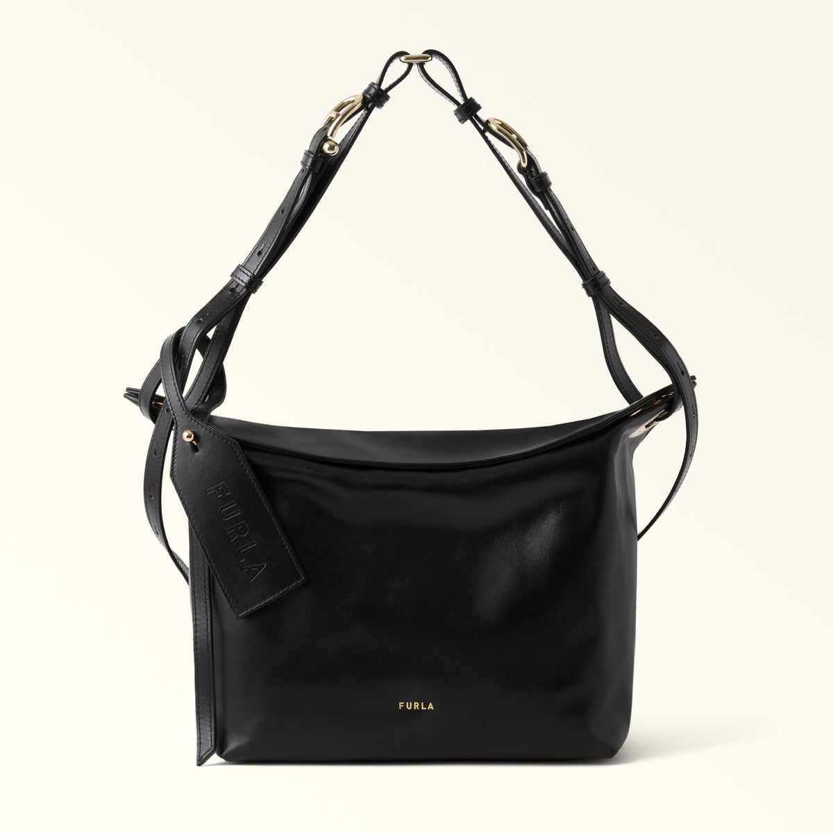Black Furla Ginevra M Shoulder Bag, natural leather