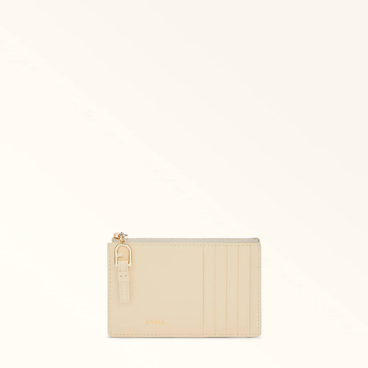 Beige Furla Nuvola M Zipped Card Case, credit card holder natural leather