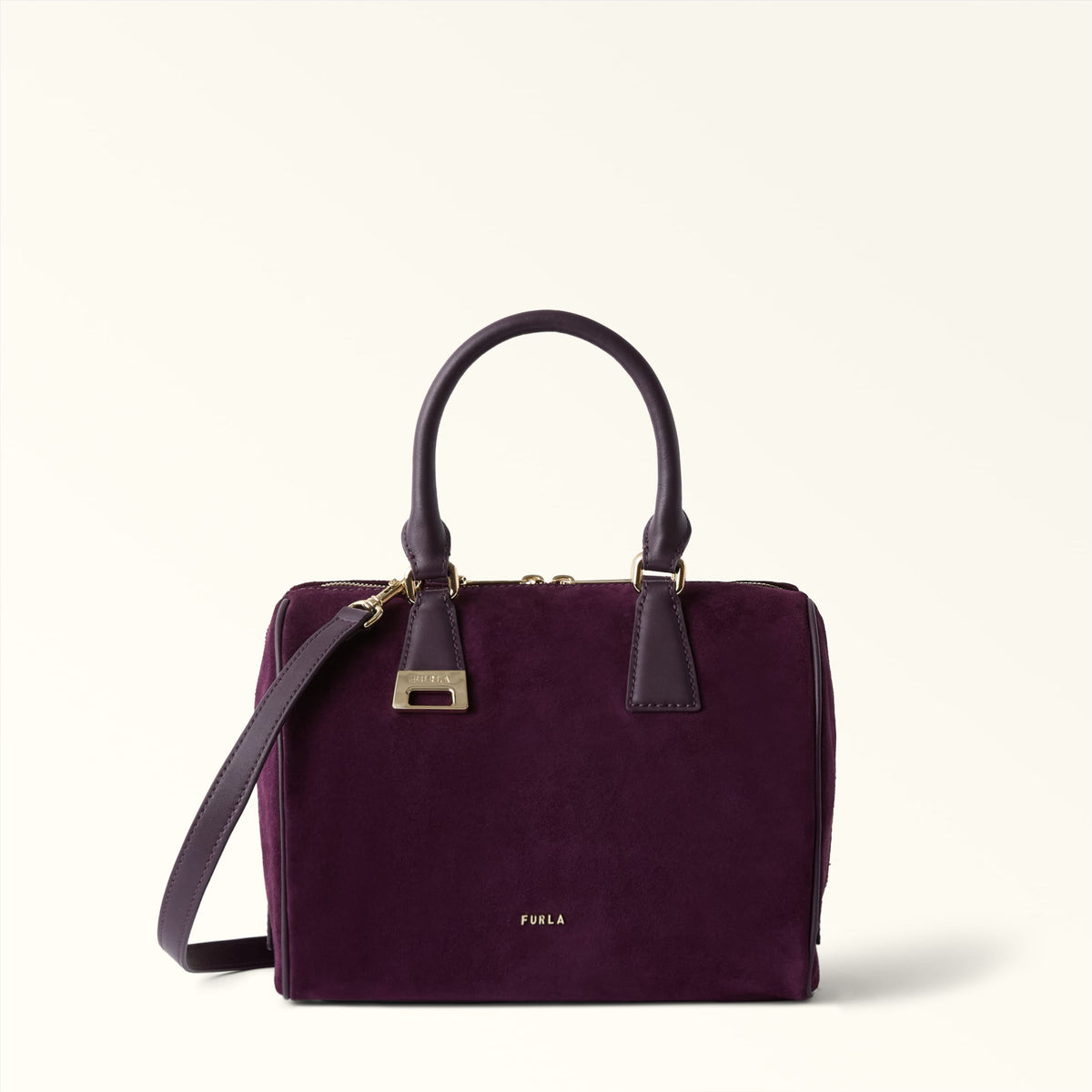 Purple Furla Olivia Boston Bag M, handbag suede