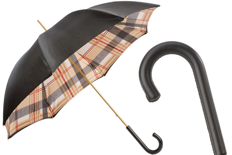 P - Tartan-Lined Black Umbrella with Leather Handle, Double Cloth