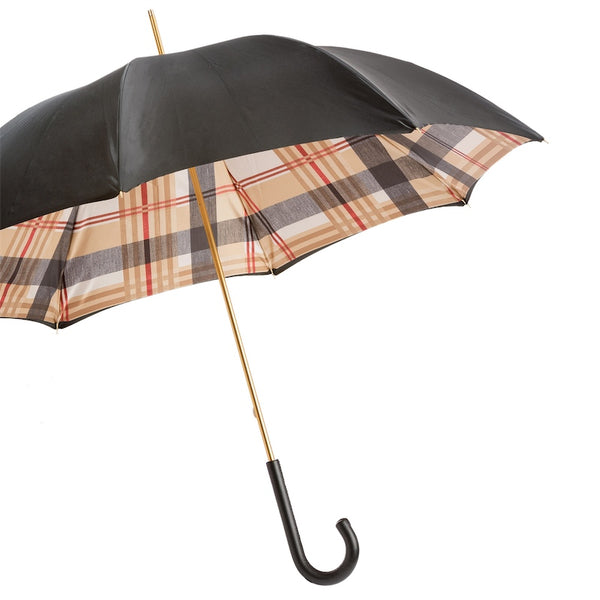 P - Tartan-Lined Black Umbrella with Leather Handle, Double Cloth