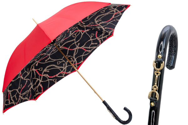 RED UMBRELLA WITH BRIDLES PRINT, DOUBLE CLOTH