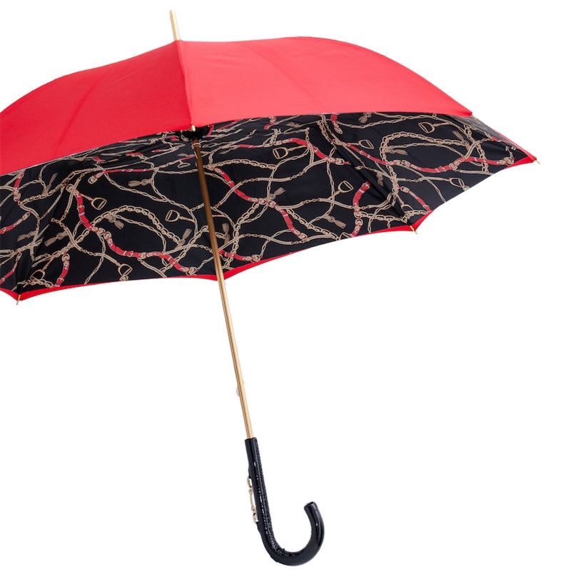 RED UMBRELLA WITH BRIDLES PRINT, DOUBLE CLOTH