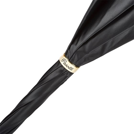 P - Tartan-Lined Black Umbrella with Leather Handle, Double Cloth