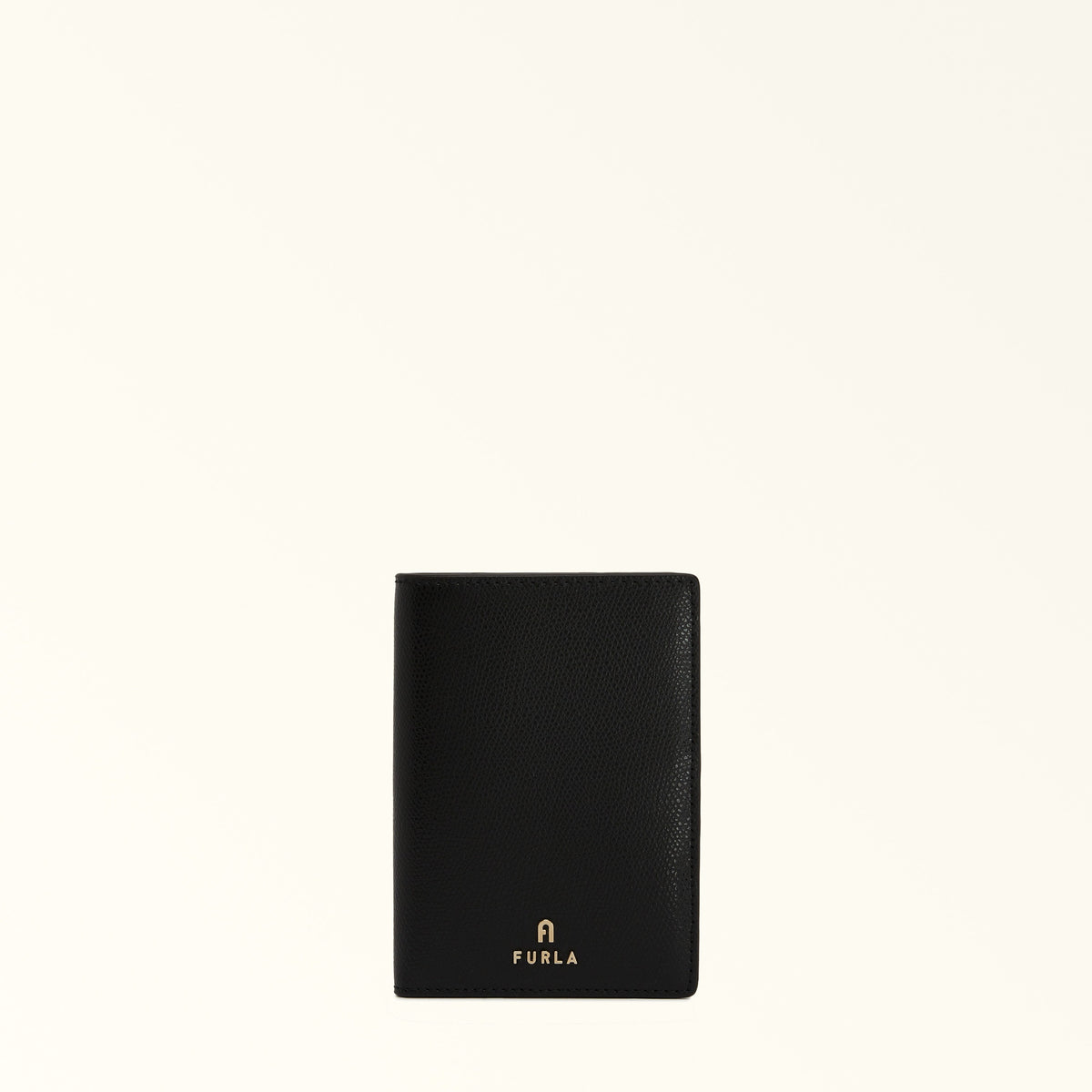 Black Furla Camelia S Passport Holder, natural leather