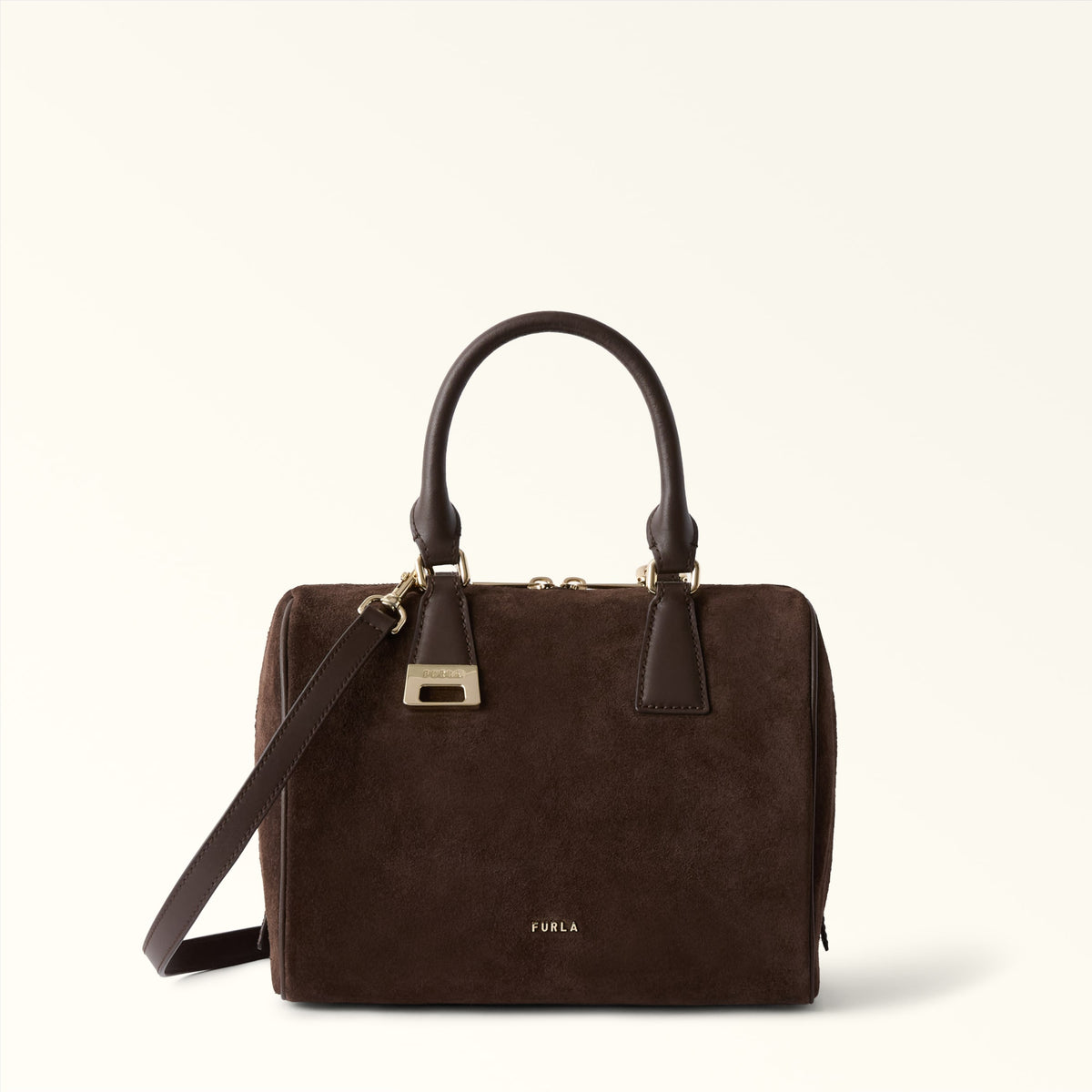 Brown Furla Olivia Boston Bag M, handbag suede